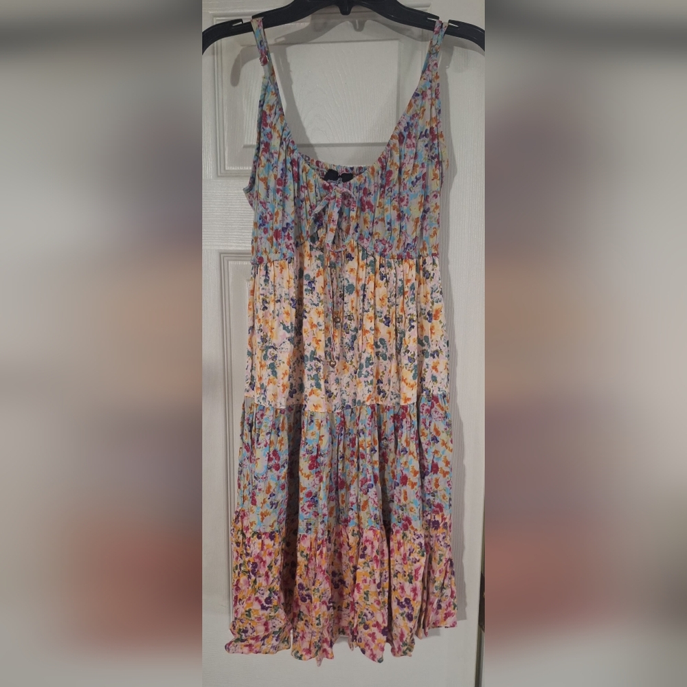 Angie Floral Tiered Mini Dress - Pastel Blue, Pink, Yellow